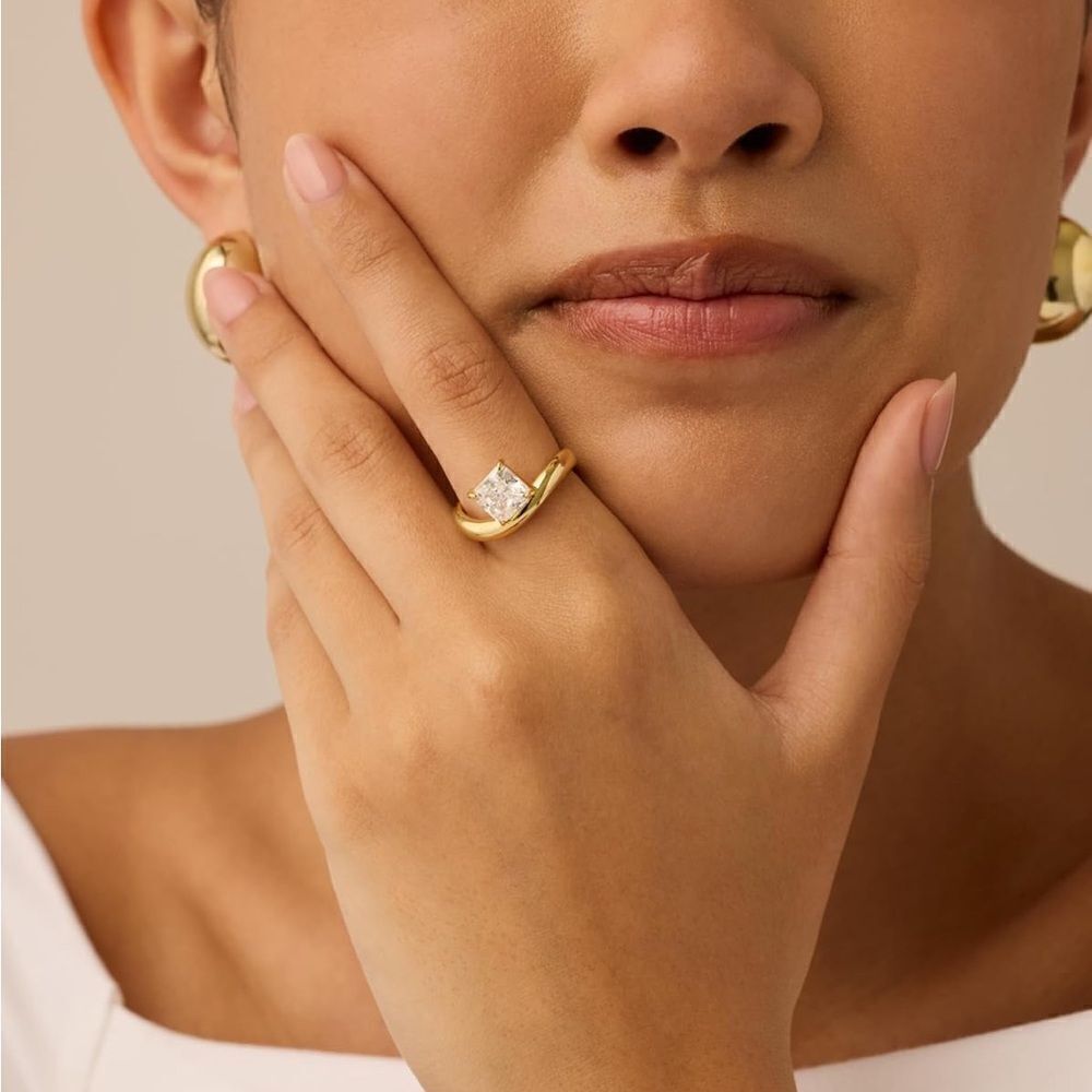 14k Gold Plated Square Solitaire Engagement Ring